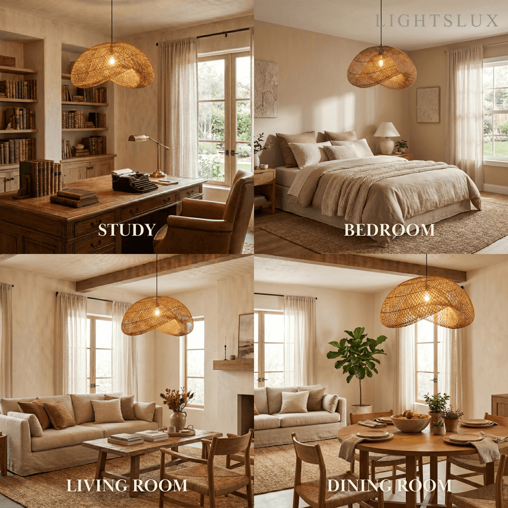 Natural Rattan Pendant Light – Metal & Rattan for Dining Room, Kitchen, Bedroom - Flindria