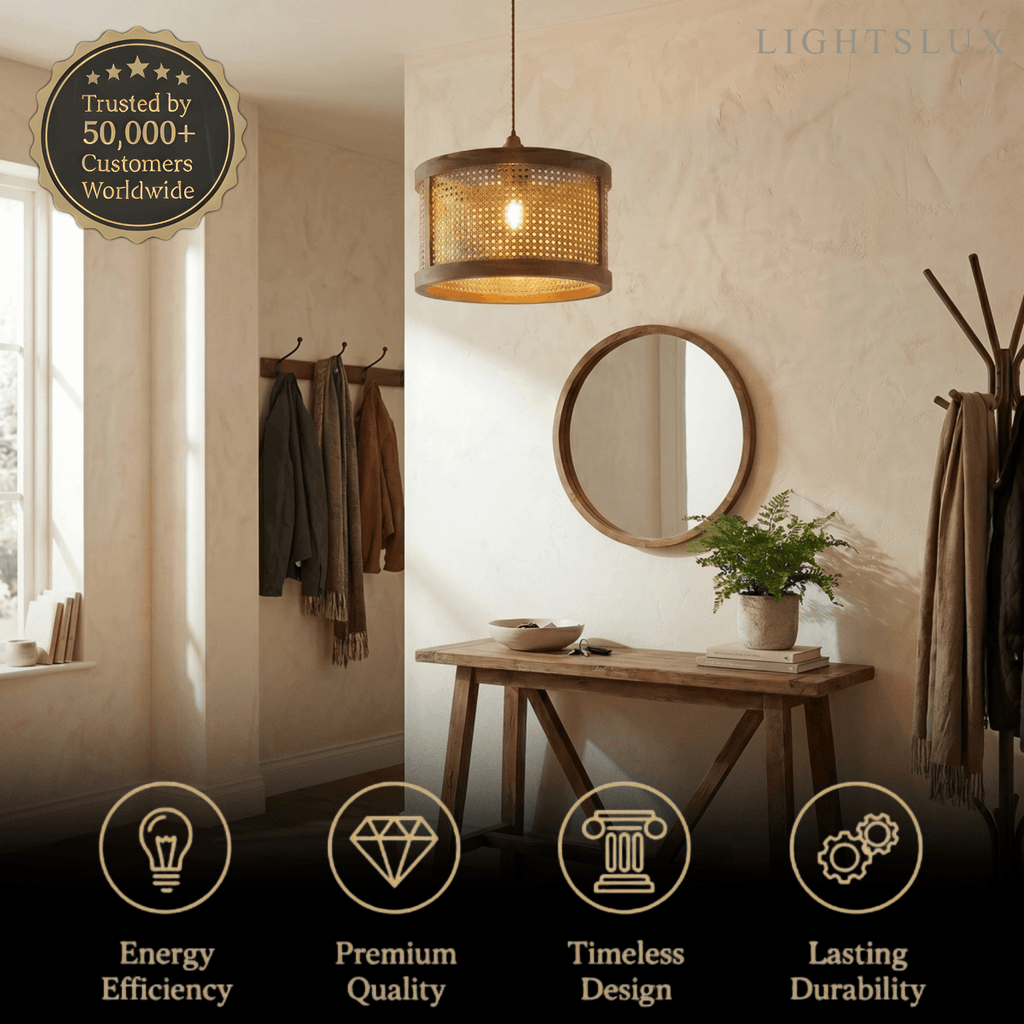 Natural Woven Pendant Light – Rattan & Wood  Walnut for Dining Room, Bedroom - Flindria