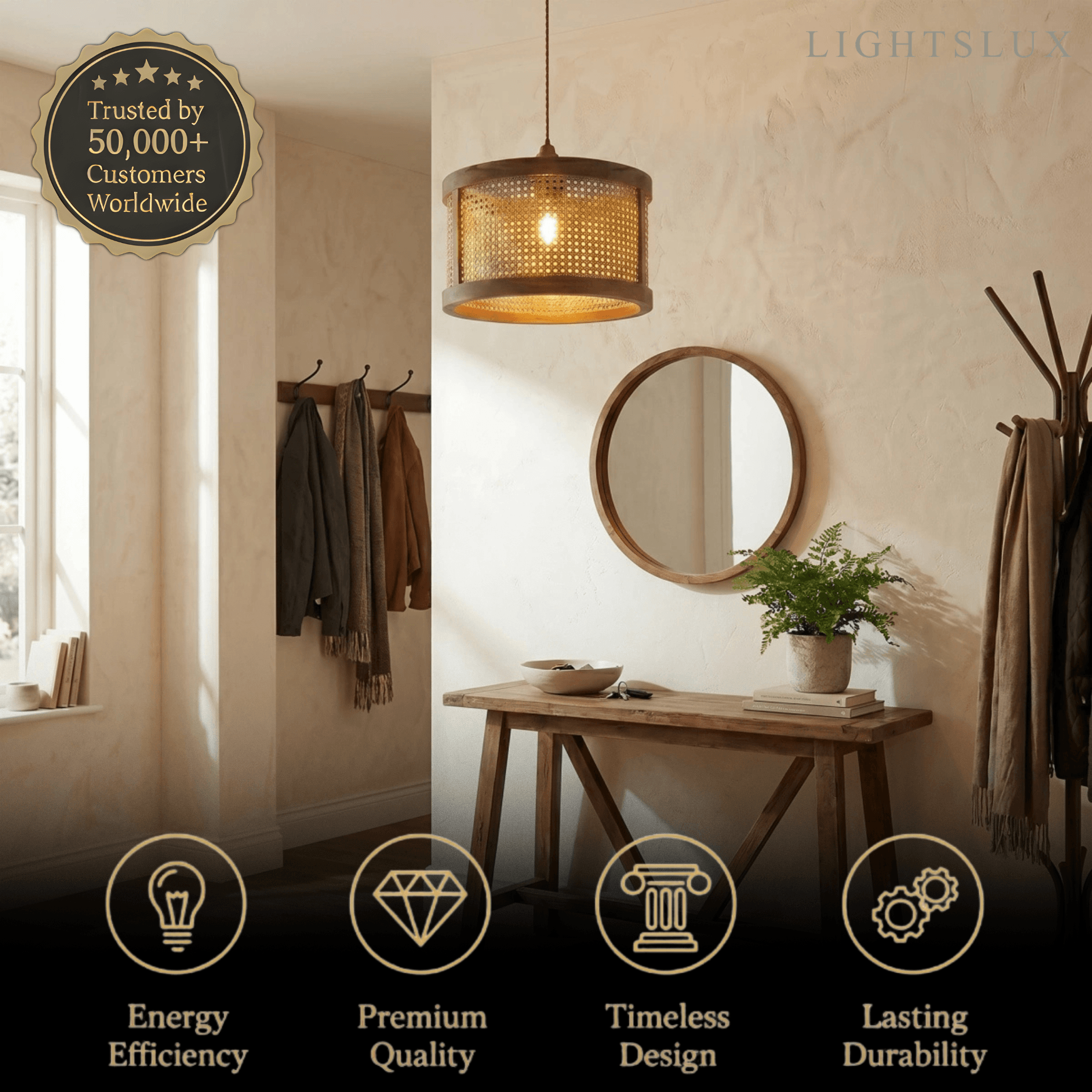 Natural Woven Pendant Light – Rattan & Wood  Walnut for Dining Room, Bedroom - Flindria