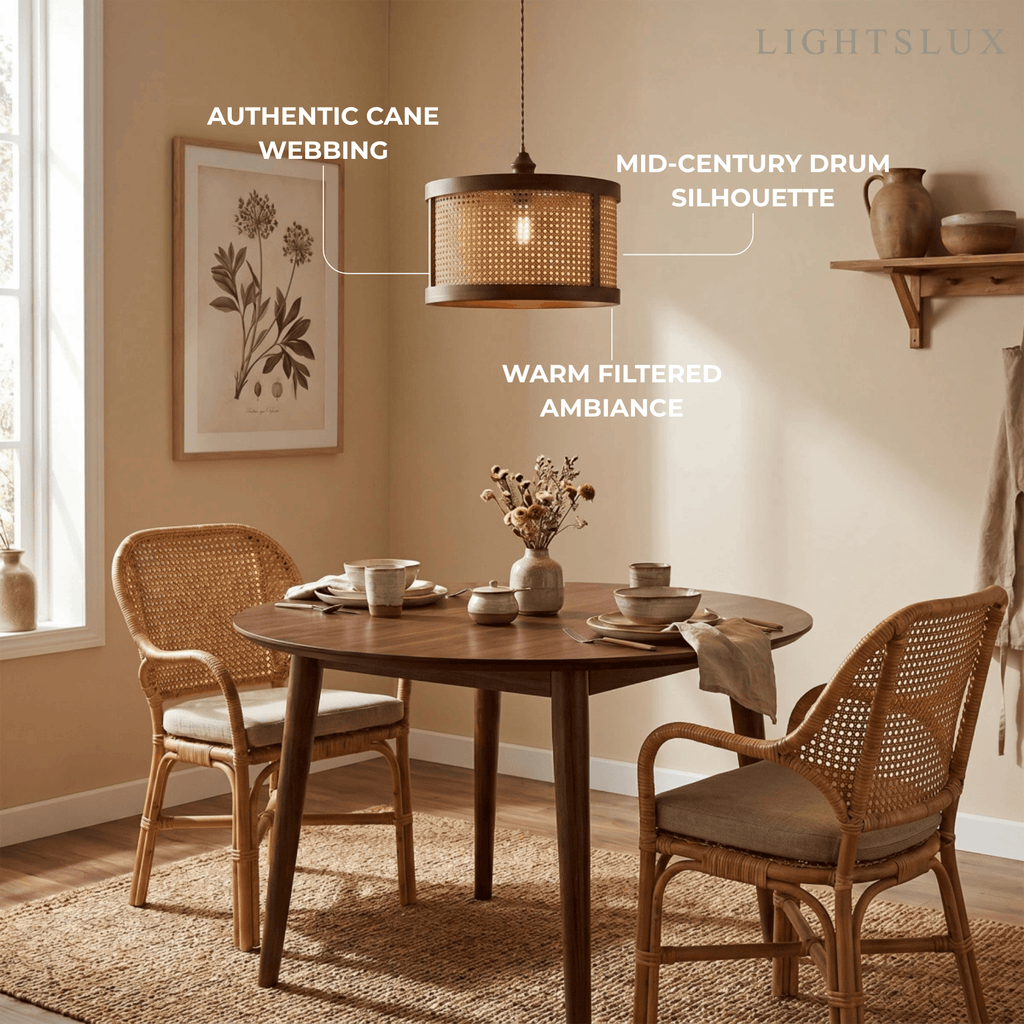 Natural Woven Pendant Light – Rattan & Wood  Walnut for Dining Room, Bedroom - Flindria