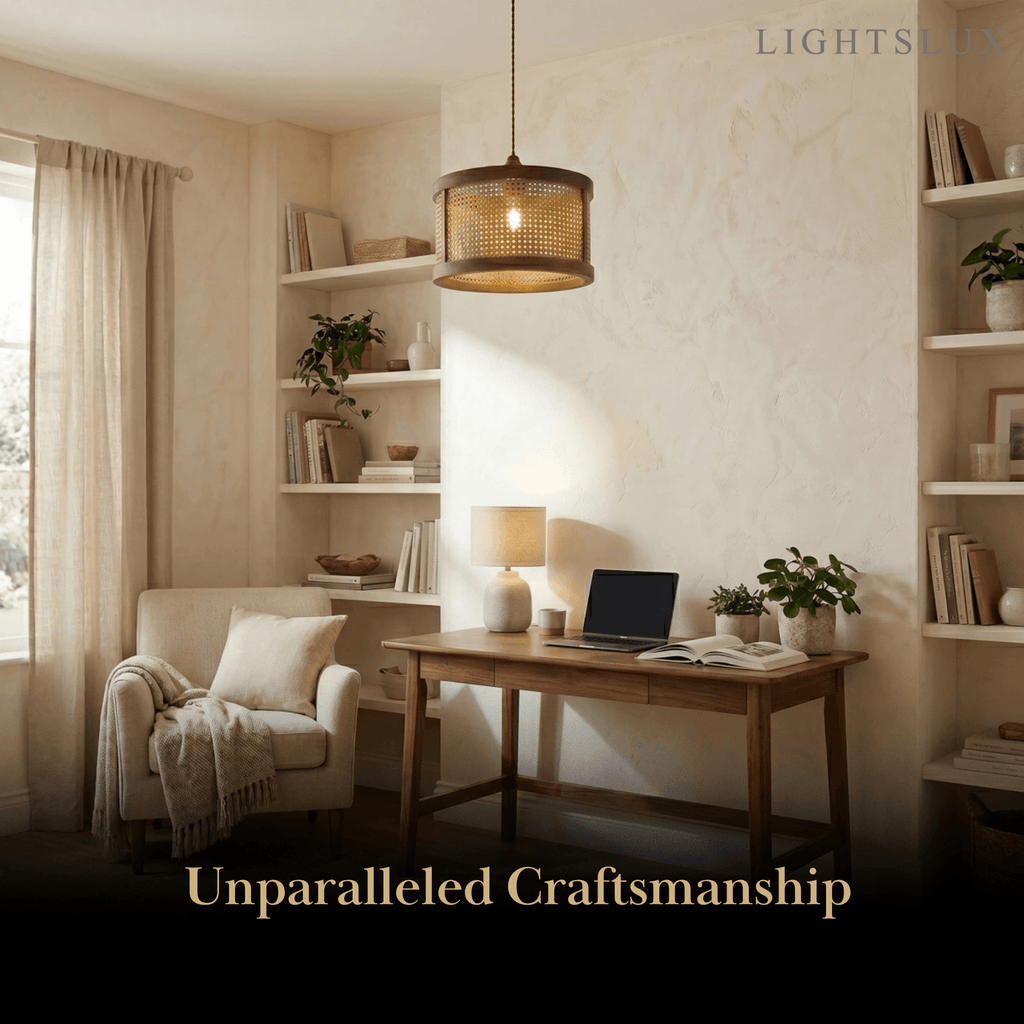 Natural Woven Pendant Light – Rattan & Wood  Walnut for Dining Room, Bedroom - Flindria