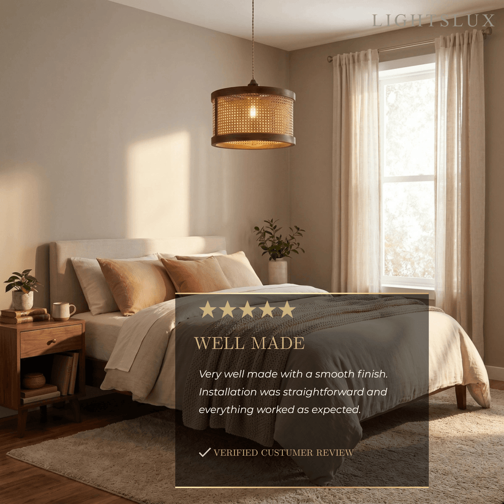 Natural Woven Pendant Light – Rattan & Wood  Walnut for Dining Room, Bedroom - Flindria
