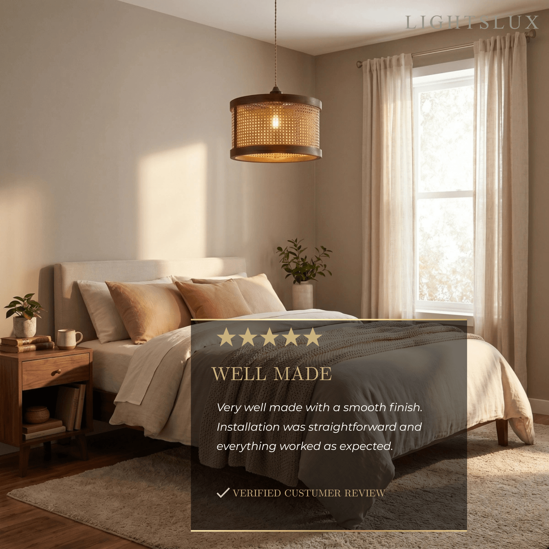 Natural Woven Pendant Light – Rattan & Wood  Walnut for Dining Room, Bedroom - Flindria