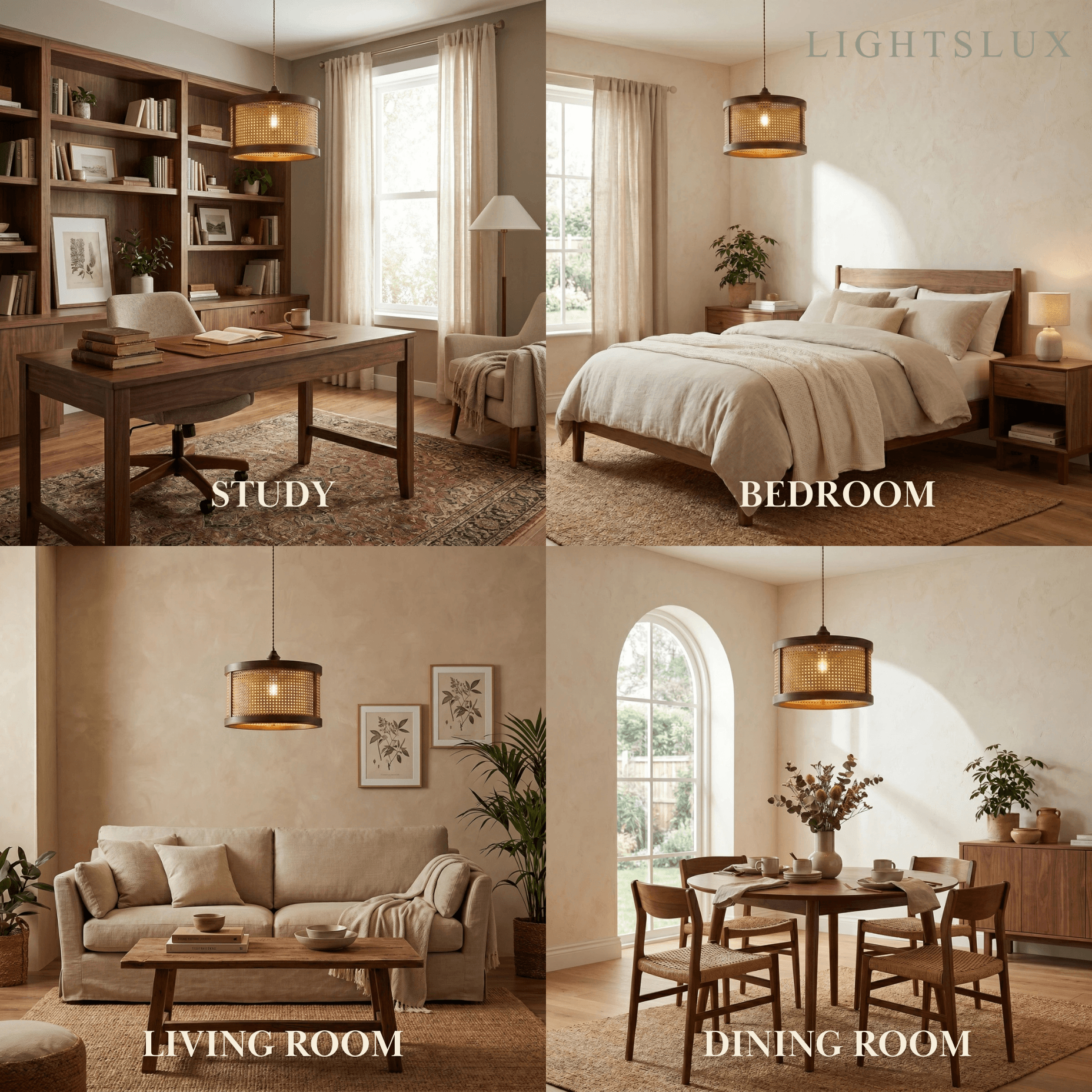 Natural Woven Pendant Light – Rattan & Wood  Walnut for Dining Room, Bedroom - Flindria
