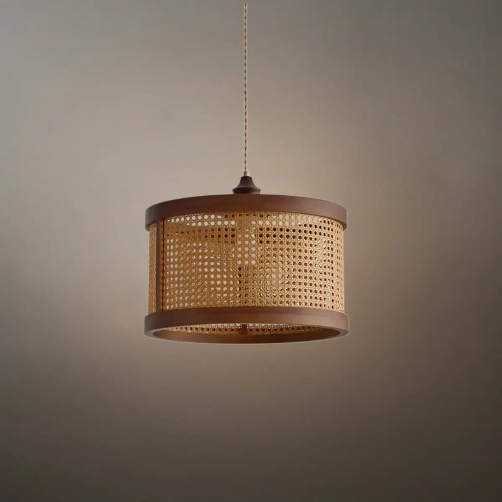 Natural Woven Pendant Light – Rattan & Wood  Walnut for Dining Room, Bedroom - Flindria