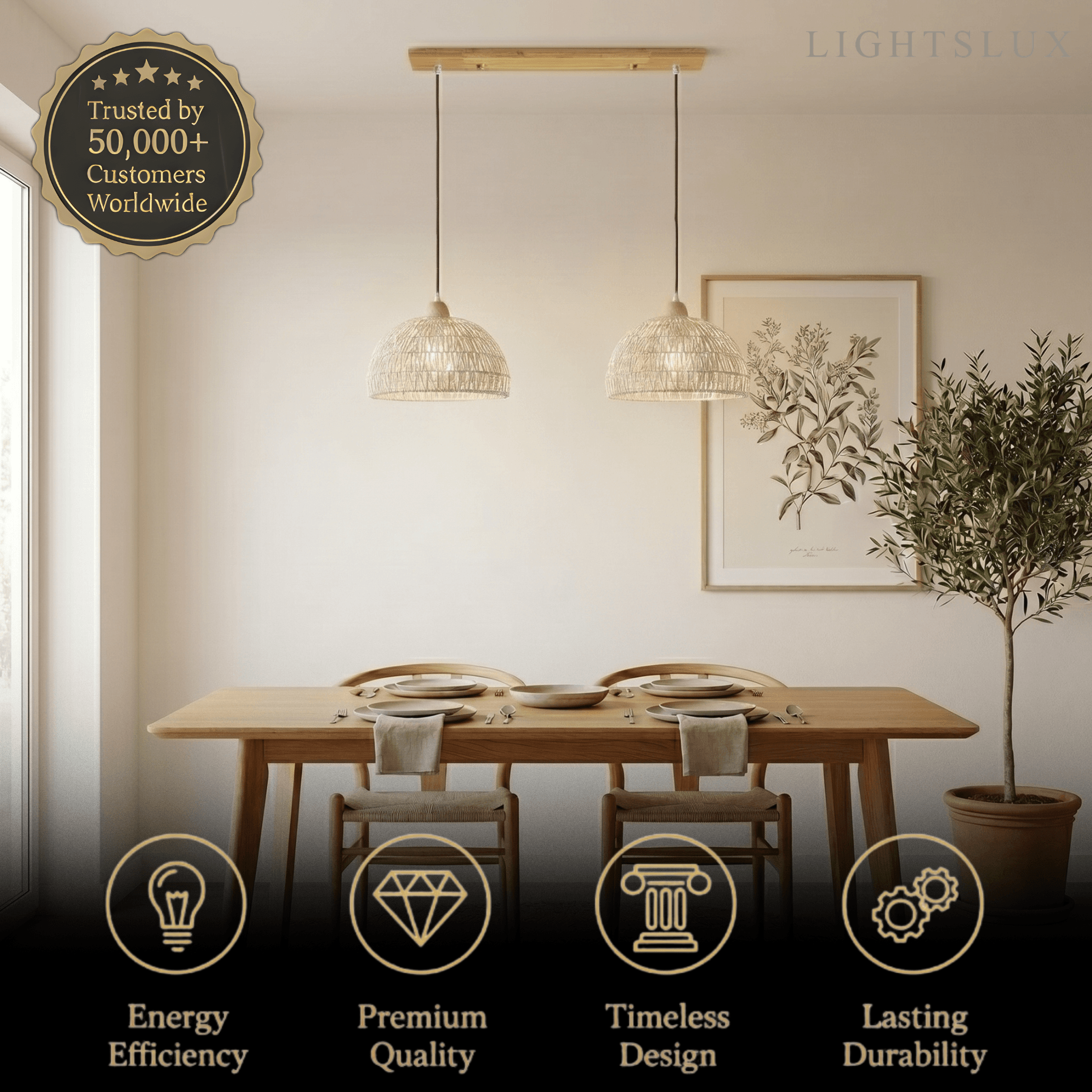Natural Pendant Light – Rattan & Wood for Living Room Dining Room Bedroom - Flindria