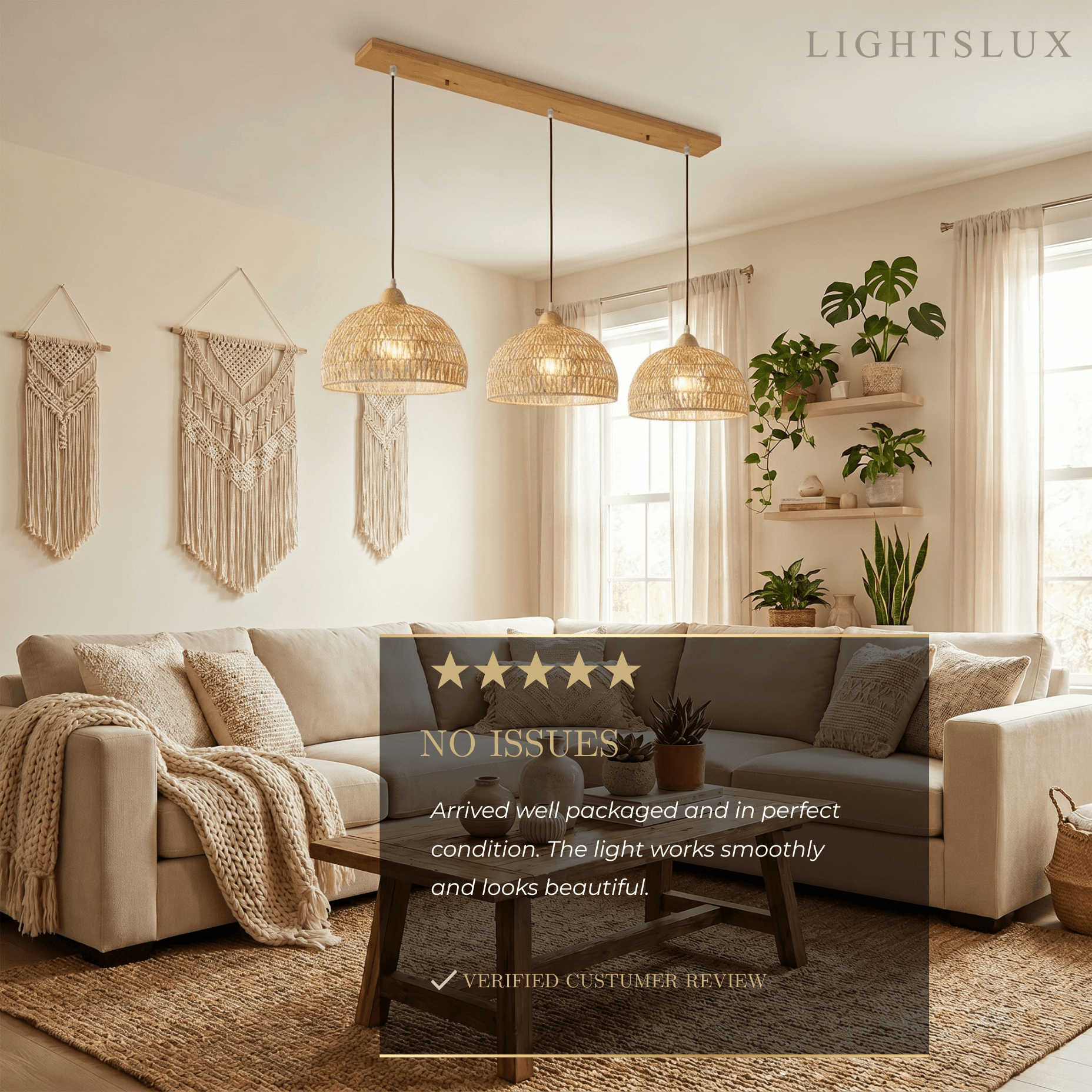 Natural Pendant Light – Rattan & Wood for Living Room Dining Room Bedroom - Flindria