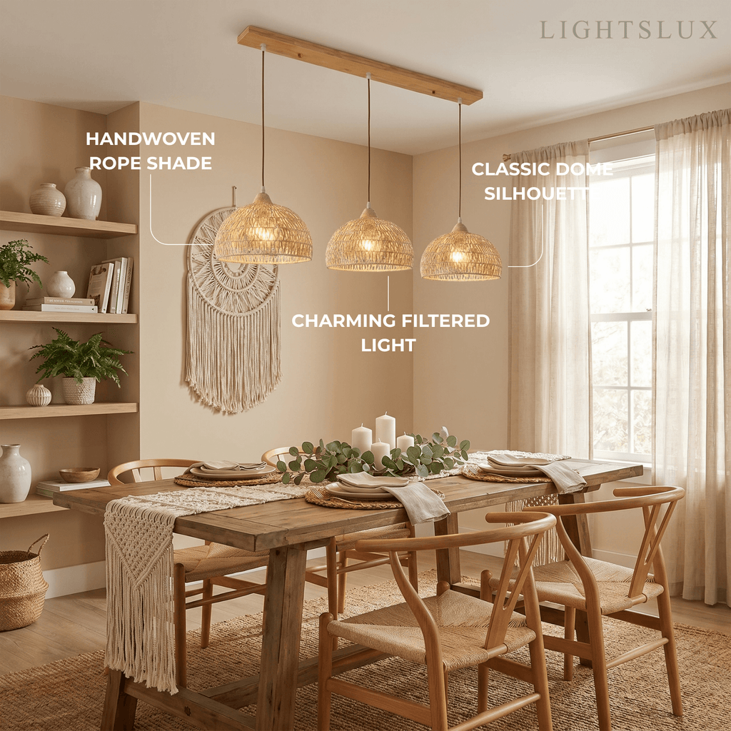 Natural Pendant Light – Rattan & Wood for Living Room Dining Room Bedroom - Flindria
