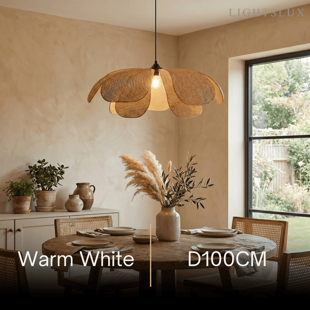 Natural Rattan Pendant Light – Petal Shaped Woven Fixture for Dining Room Living Room Bedroom - Flindria