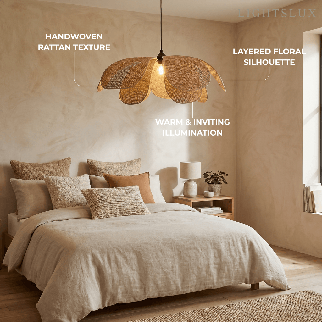 Natural Rattan Pendant Light – Petal Shaped Woven Fixture for Dining Room Living Room Bedroom - Flindria