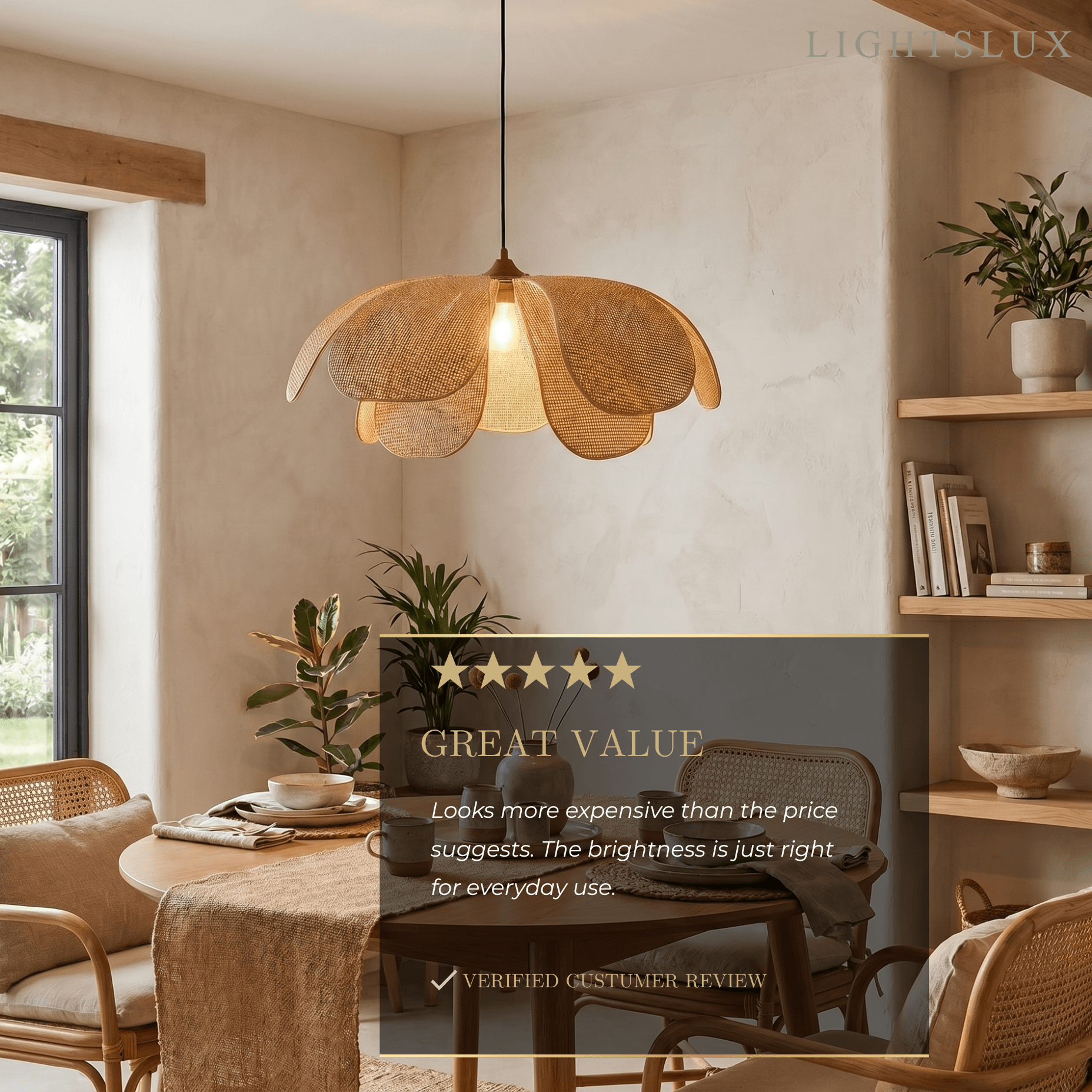 Natural Rattan Pendant Light – Petal Shaped Woven Fixture for Dining Room Living Room Bedroom - Flindria
