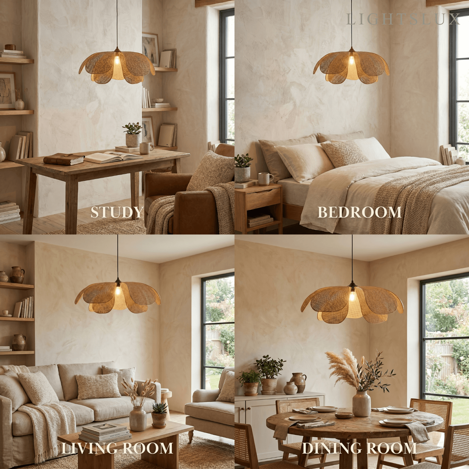 Natural Rattan Pendant Light – Petal Shaped Woven Fixture for Dining Room Living Room Bedroom - Flindria