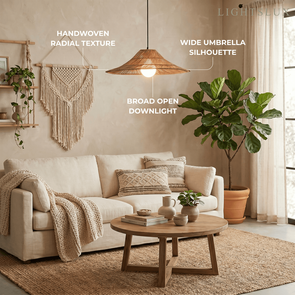 Natural Rattan Pendant Light - Natural for Dining Room, Living Room, Bedroom - Flindria