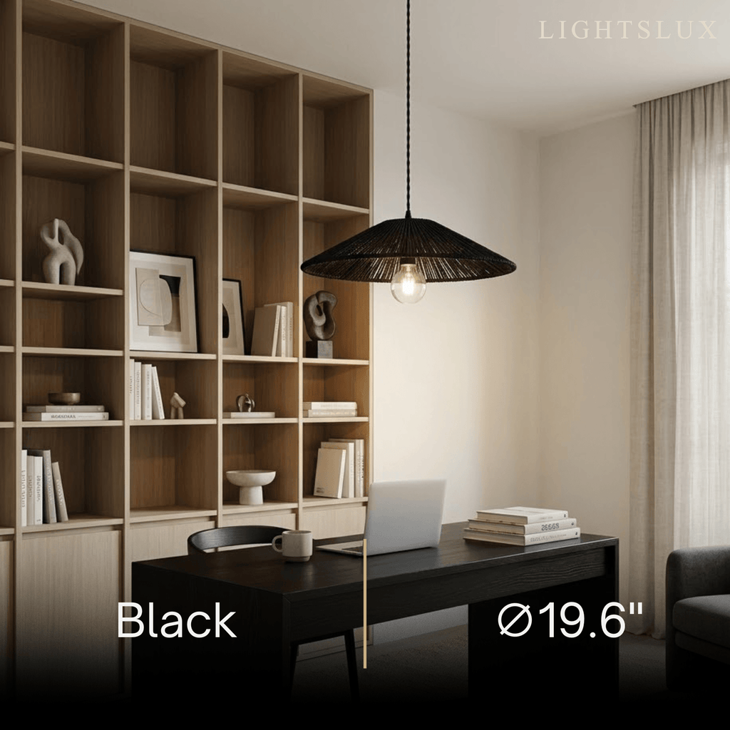 Natural Japanese Style Rattan Pendant Light - Brown/Black Hemp Rope for Kitchen, Dining Room & Living Room - Flindria