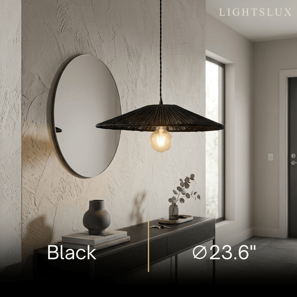 Natural Japanese Style Rattan Pendant Light - Brown/Black Hemp Rope for Kitchen, Dining Room & Living Room - Flindria