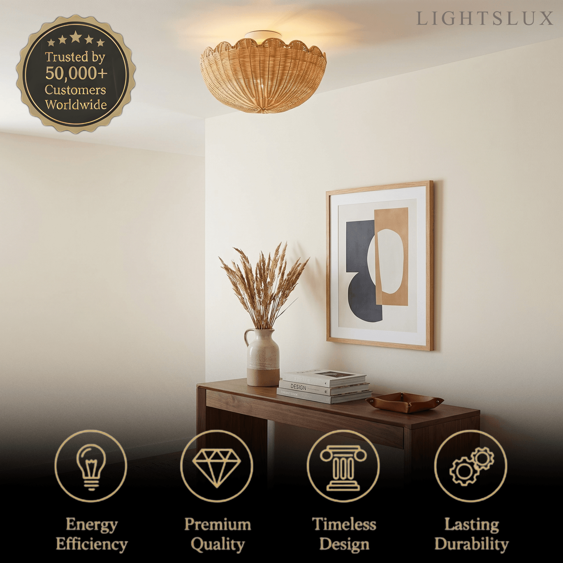 Natural Rattan Ceiling Light -- Natural Rattan for Living Room Bedroom - Flindria