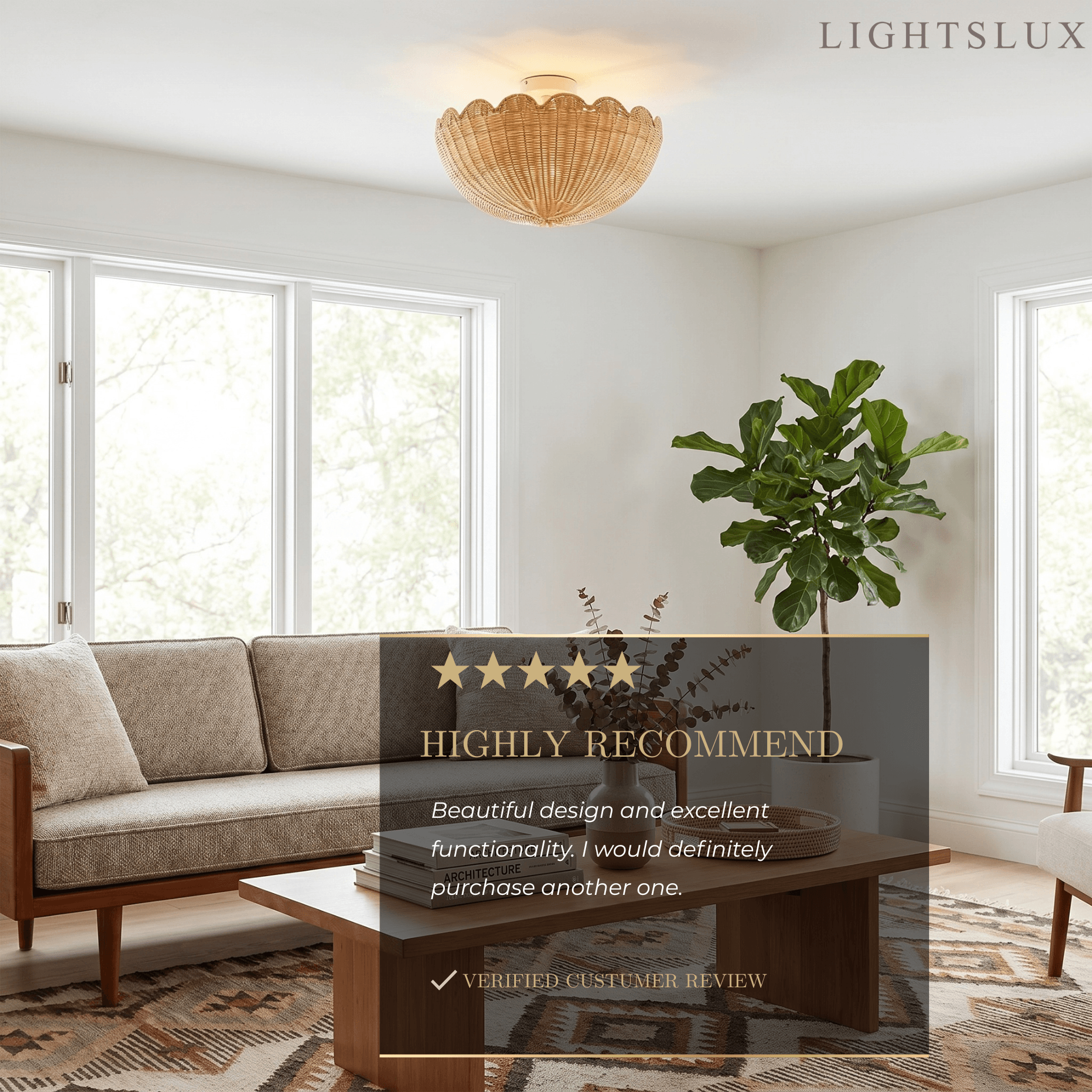 Natural Rattan Ceiling Light -- Natural Rattan for Living Room Bedroom - Flindria