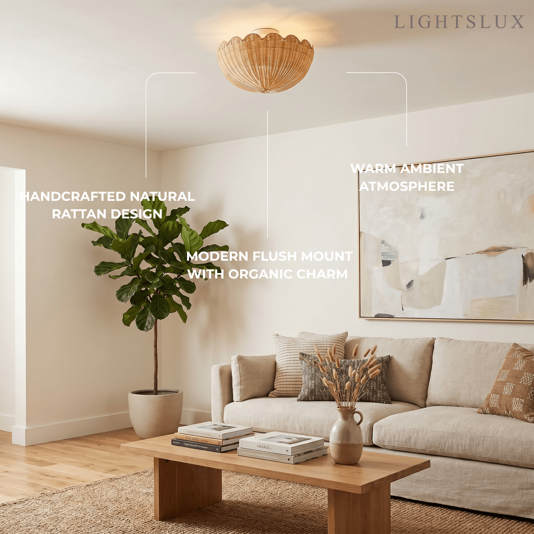 Natural Rattan Ceiling Light -- Natural Rattan for Living Room Bedroom - Flindria