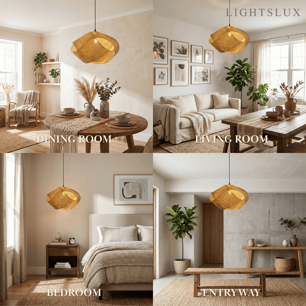 Modern Rattan Pendant Light -- Natural Rattan for Living Room Dining Room Bedroom - Flindria