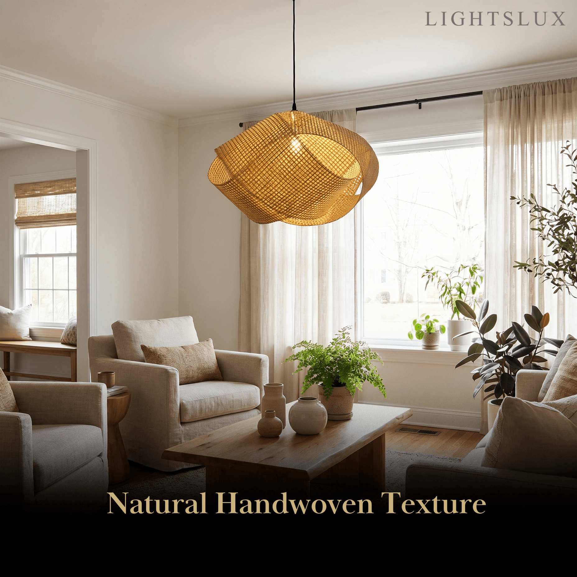 Modern Rattan Pendant Light -- Natural Rattan for Living Room Dining Room Bedroom - Flindria