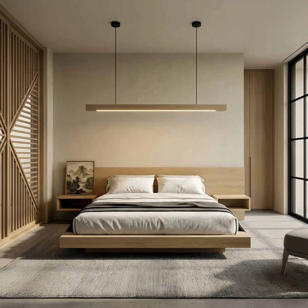 Minimalist Linear Pendant Light – Wood Acrylic for Dining Room, Kitchen, Study Room - Flindria