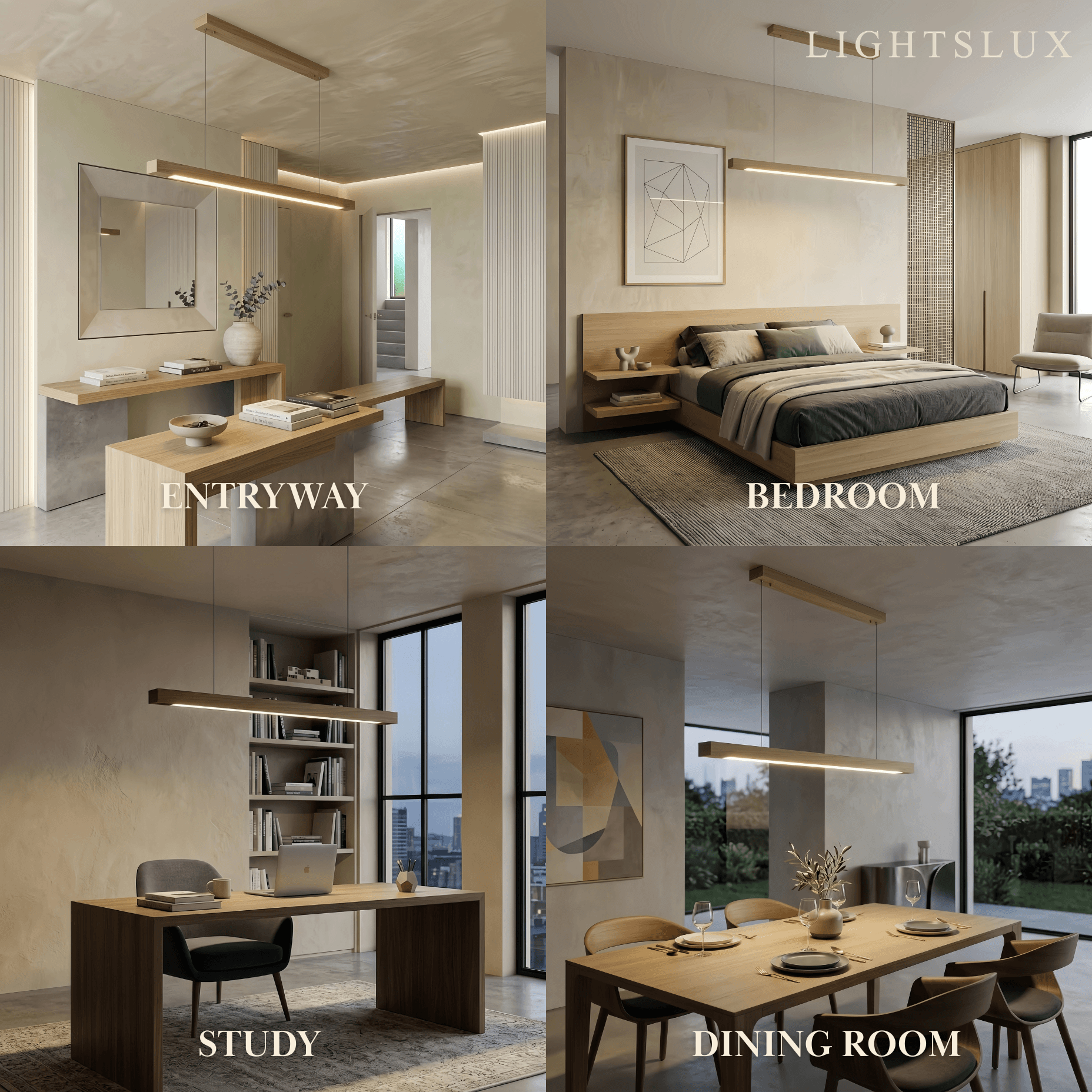 Minimalist Linear Pendant Light – Wood Acrylic for Dining Room, Kitchen, Study Room - Flindria