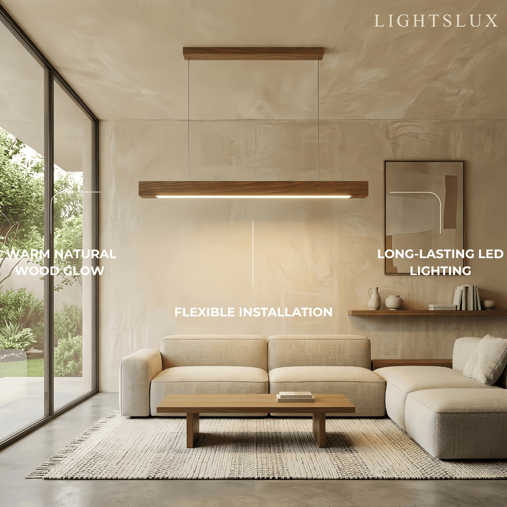 Minimalist Linear Pendant Light – Wood Acrylic for Dining Room, Kitchen, Study Room - Flindria