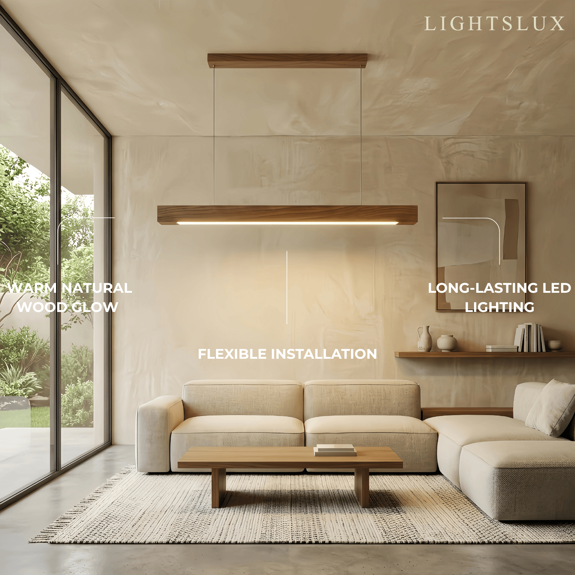 Minimalist Linear Pendant Light – Wood Acrylic for Dining Room, Kitchen, Study Room - Flindria
