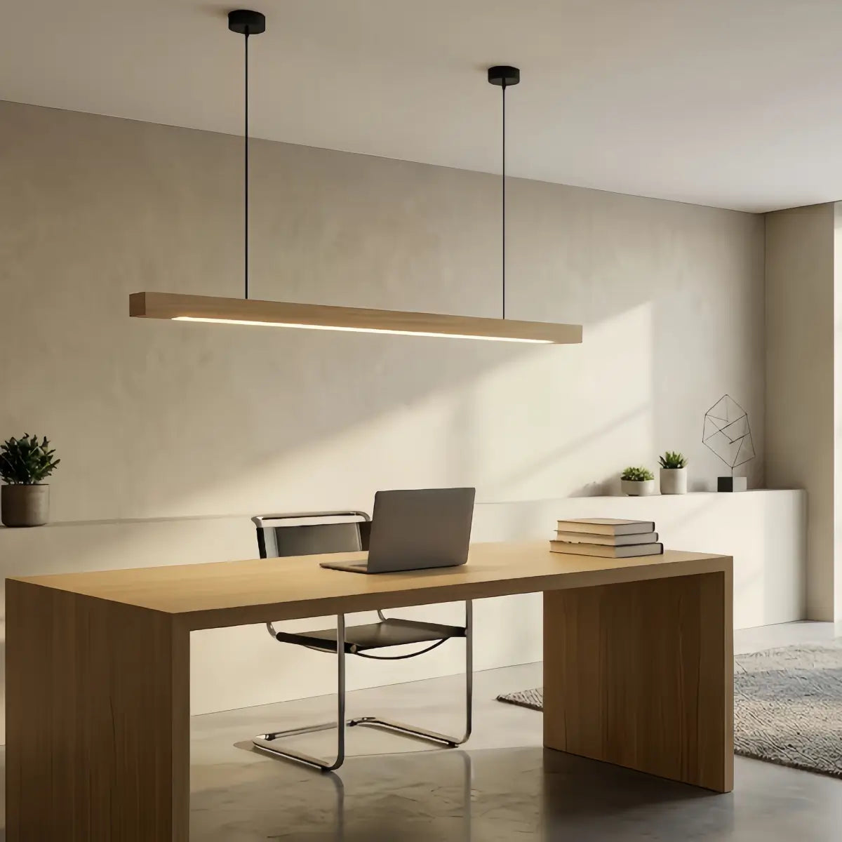 Minimalist Linear Pendant Light – Wood Acrylic for Dining Room, Kitchen, Study Room - Flindria