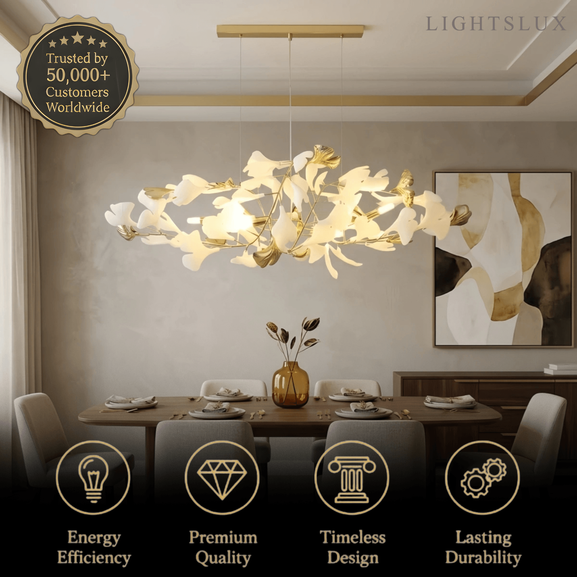 Minimalist Ginkgo Leaf Chandelier -- Iron & Glass for Dining Room - Flindria