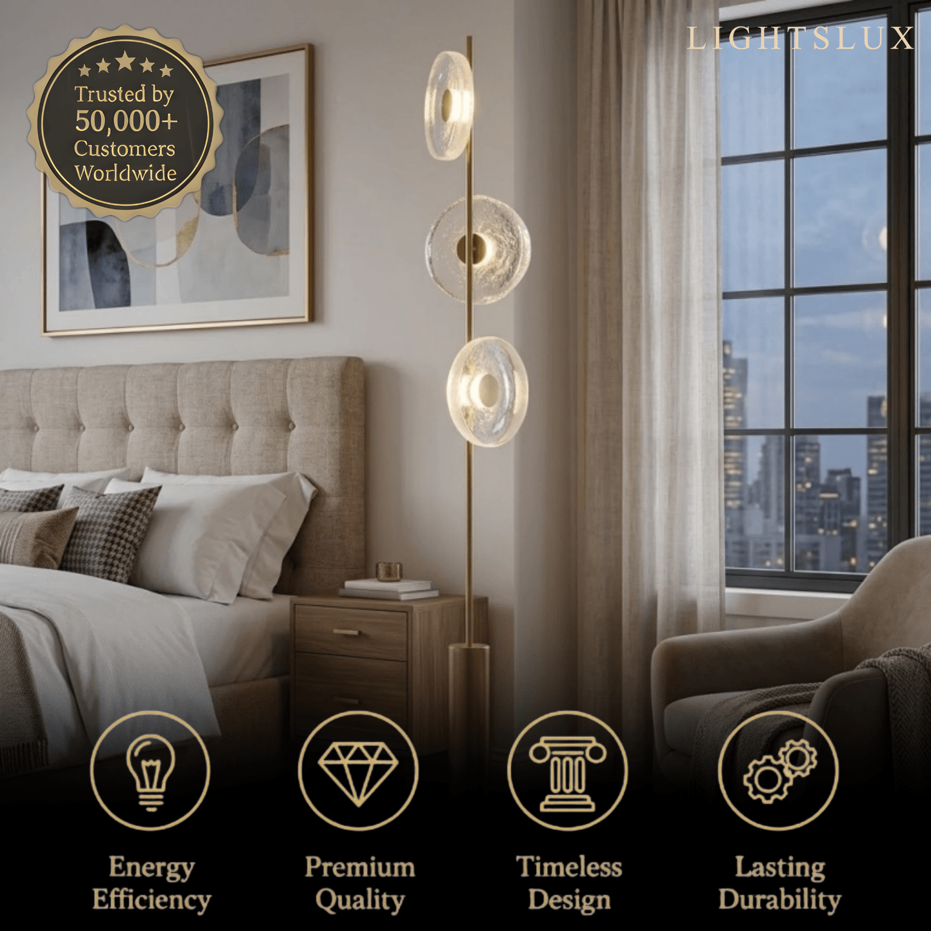 Lampadaire de luxe -- Fer et verre, lumière ambre ou claire pour salon/chambre - Flindria