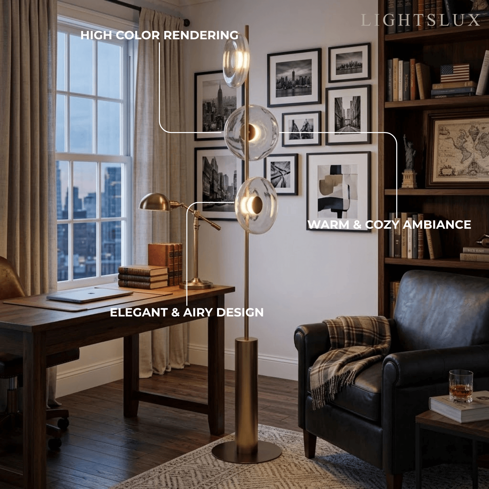 Lampadaire de luxe -- Fer et verre, lumière ambre ou claire pour salon/chambre - Flindria