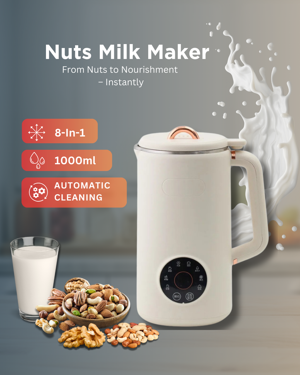 Nutriva Mini Almond, Cashew and Oat Milk Maker — Touchscreen Controls, Multiple Presets