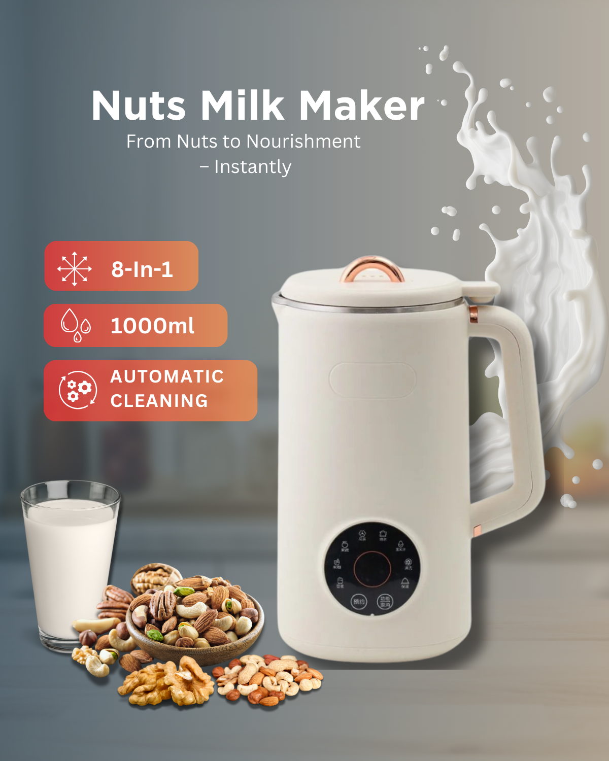 Nutriva Mini Almond, Cashew and Oat Milk Maker — Touchscreen Controls, Multiple Presets