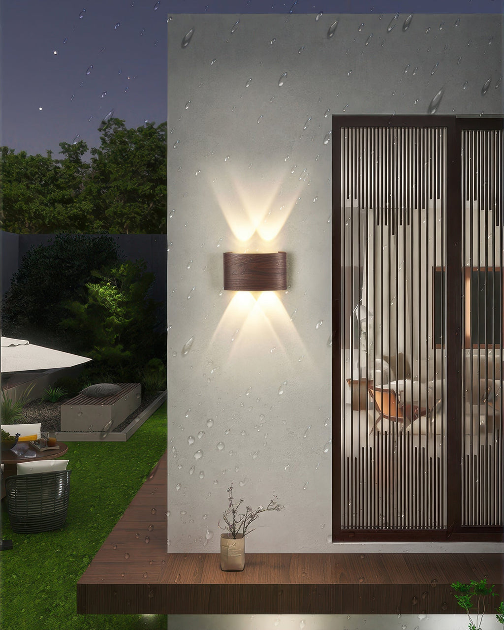 Lumina vägglampa i träimitation med LED - väderbeständig utomhusbelysning