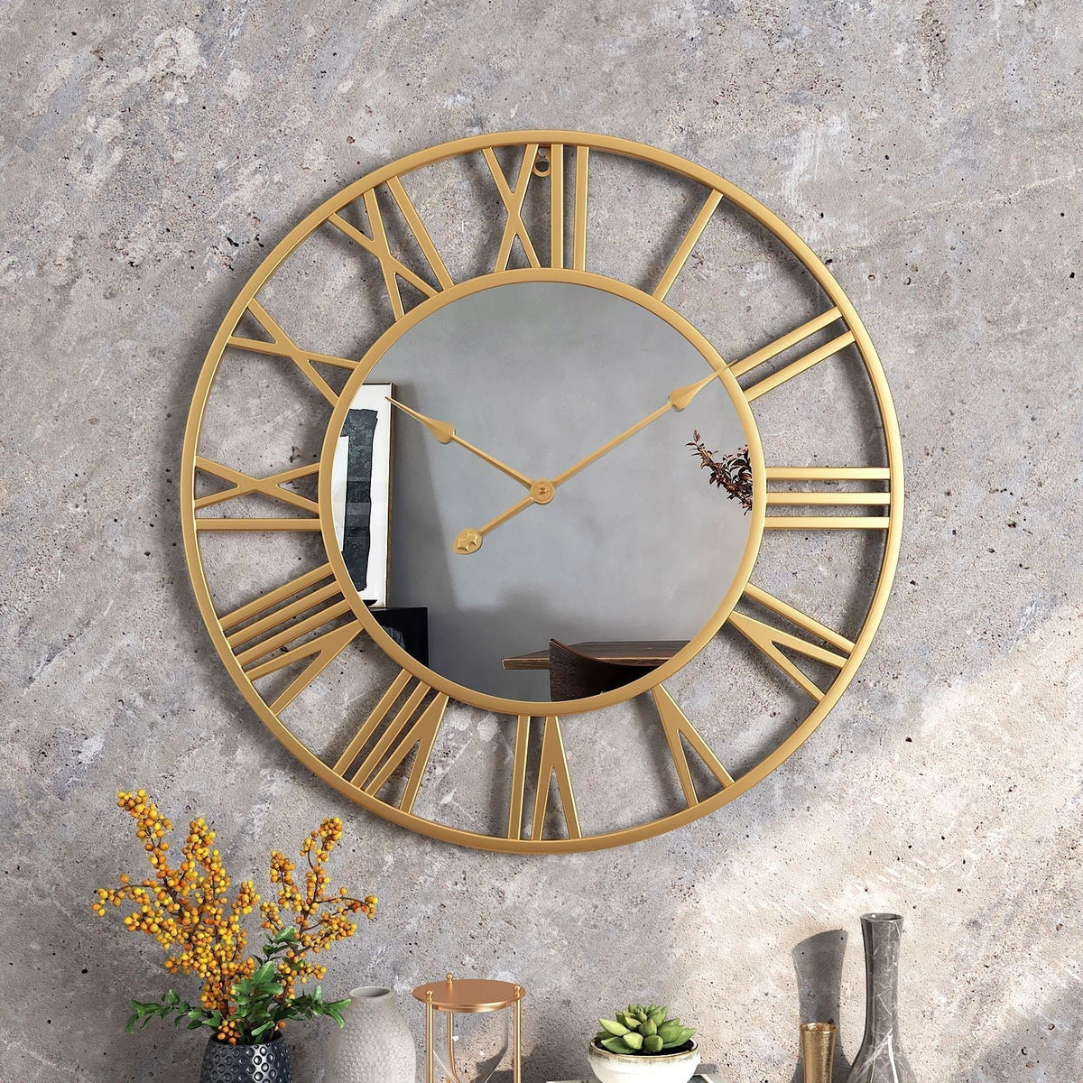 Nástěnné hodiny s vintage kovovým zrcadlem, velké 39cm výrazný design