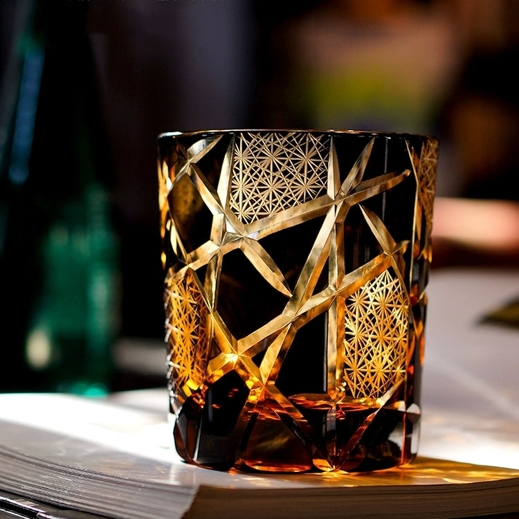 Copo para whisky Edo Kiriko com grua e relâmpago — feito à mão, caixa de madeira