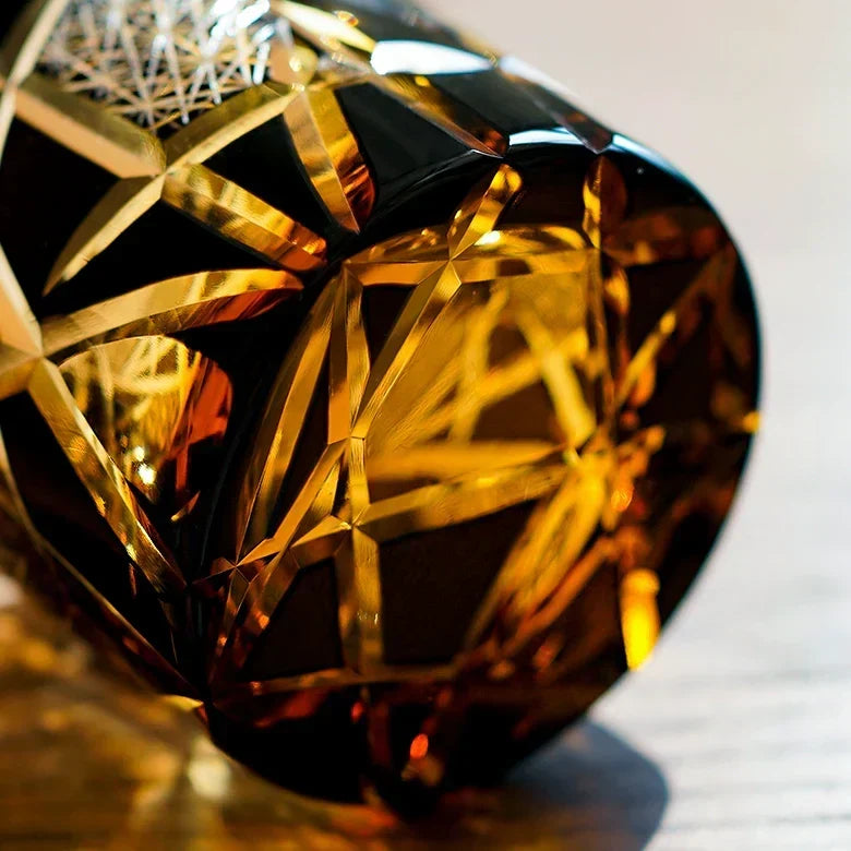 Copo para whisky Edo Kiriko com grua e relâmpago — feito à mão, caixa de madeira