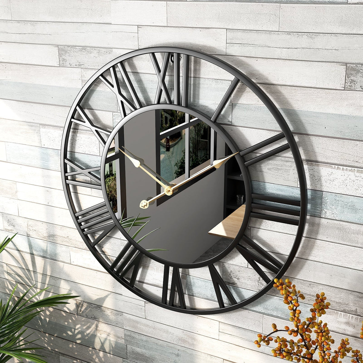 Nástěnné hodiny s vintage kovovým zrcadlem, velké 39cm výrazný design