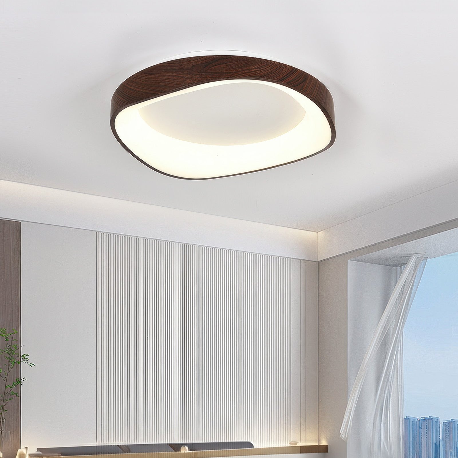 Pendul de plafon în stil scandinav — finisaj cu aspect de lemn, LED integrat, iluminare fără umbre