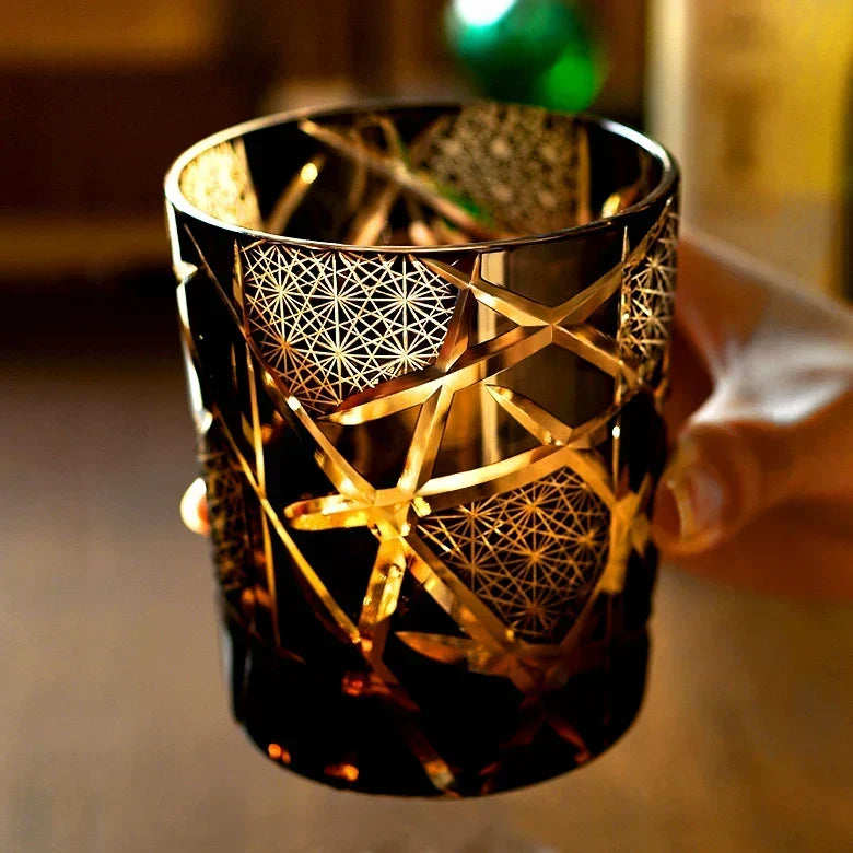 Copo para whisky Edo Kiriko com grua e relâmpago — feito à mão, caixa de madeira