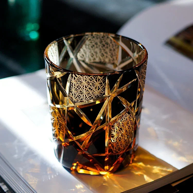 Copo para whisky Edo Kiriko com grua e relâmpago — feito à mão, caixa de madeira