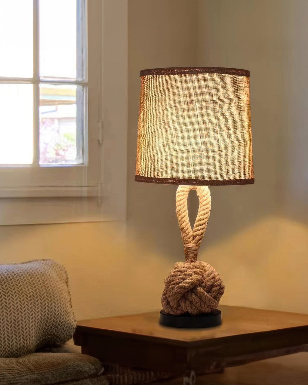 Lumenara Rustic Hemp Rope Light With Linen Shade And E27 Socket
