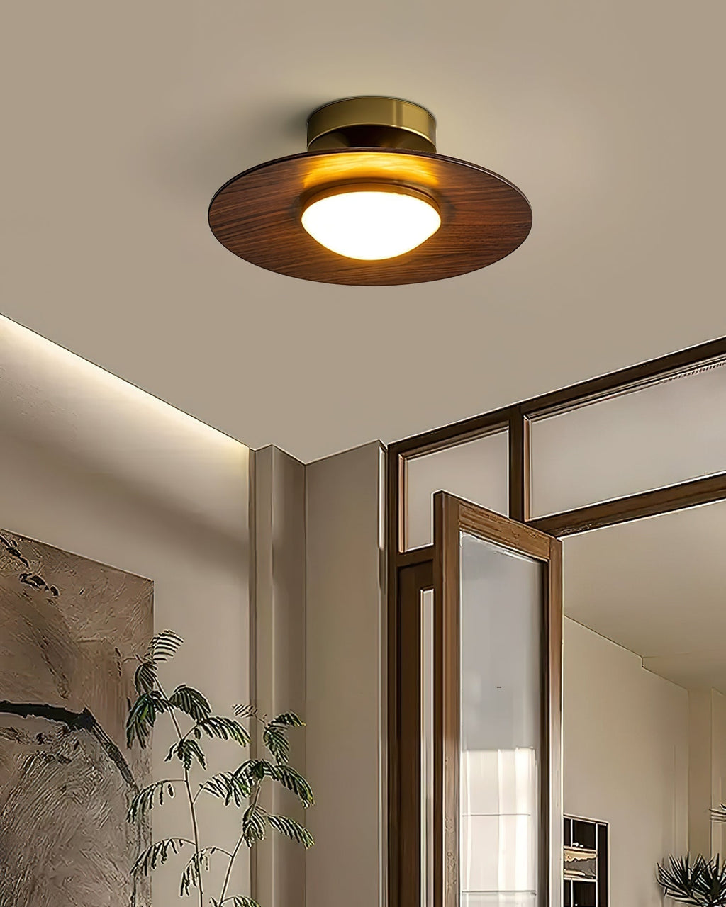 Round LED Ceiling Light — Wood-Look Finish, Gold Frame, 24cm