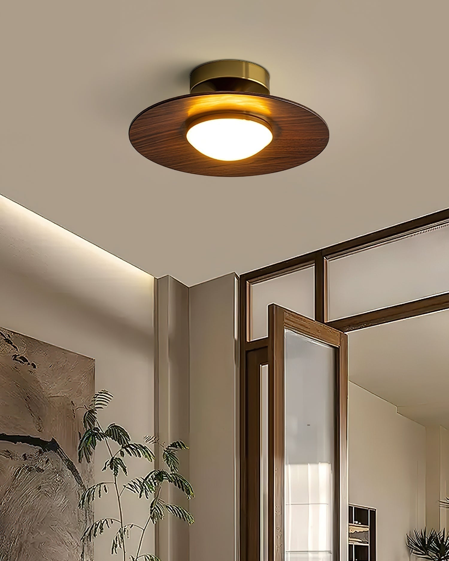 Round LED Ceiling Light — Wood-Look Finish, Gold Frame, 24cm