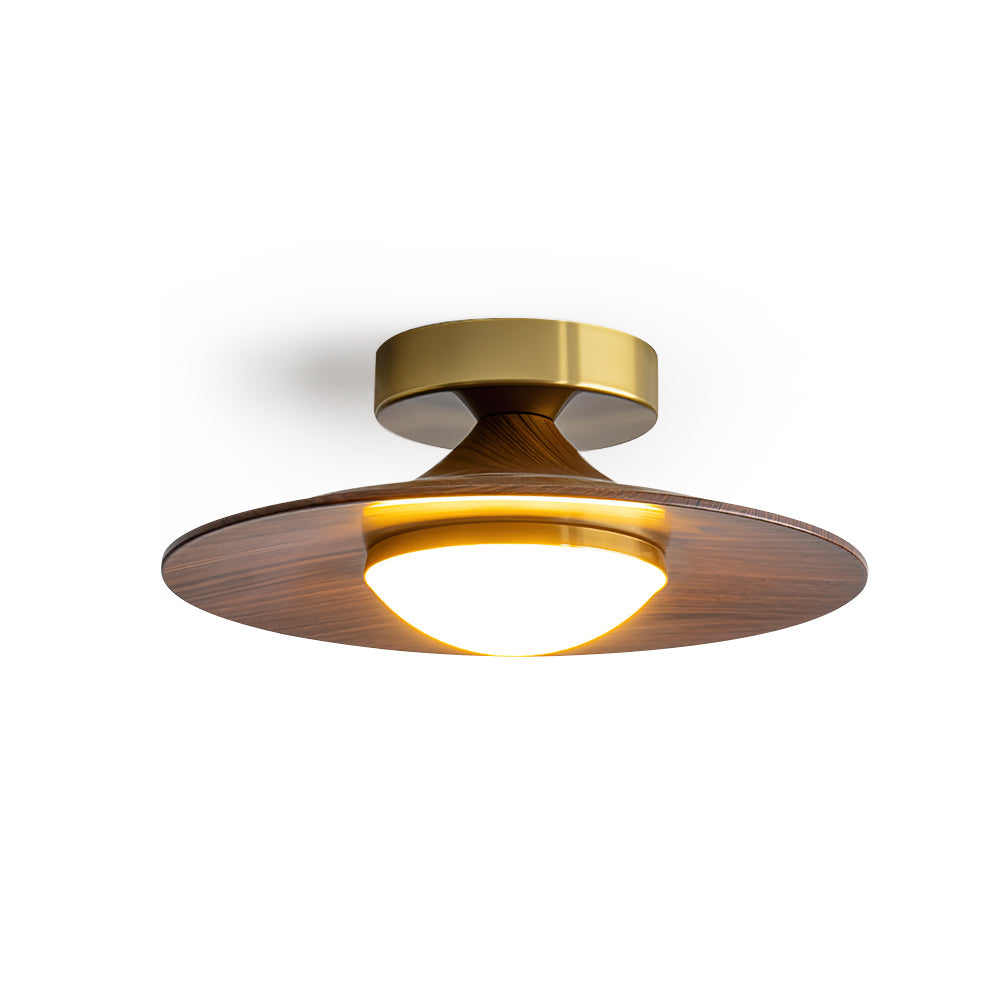Round LED Ceiling Light — Wood-Look Finish, Gold Frame, 24cm