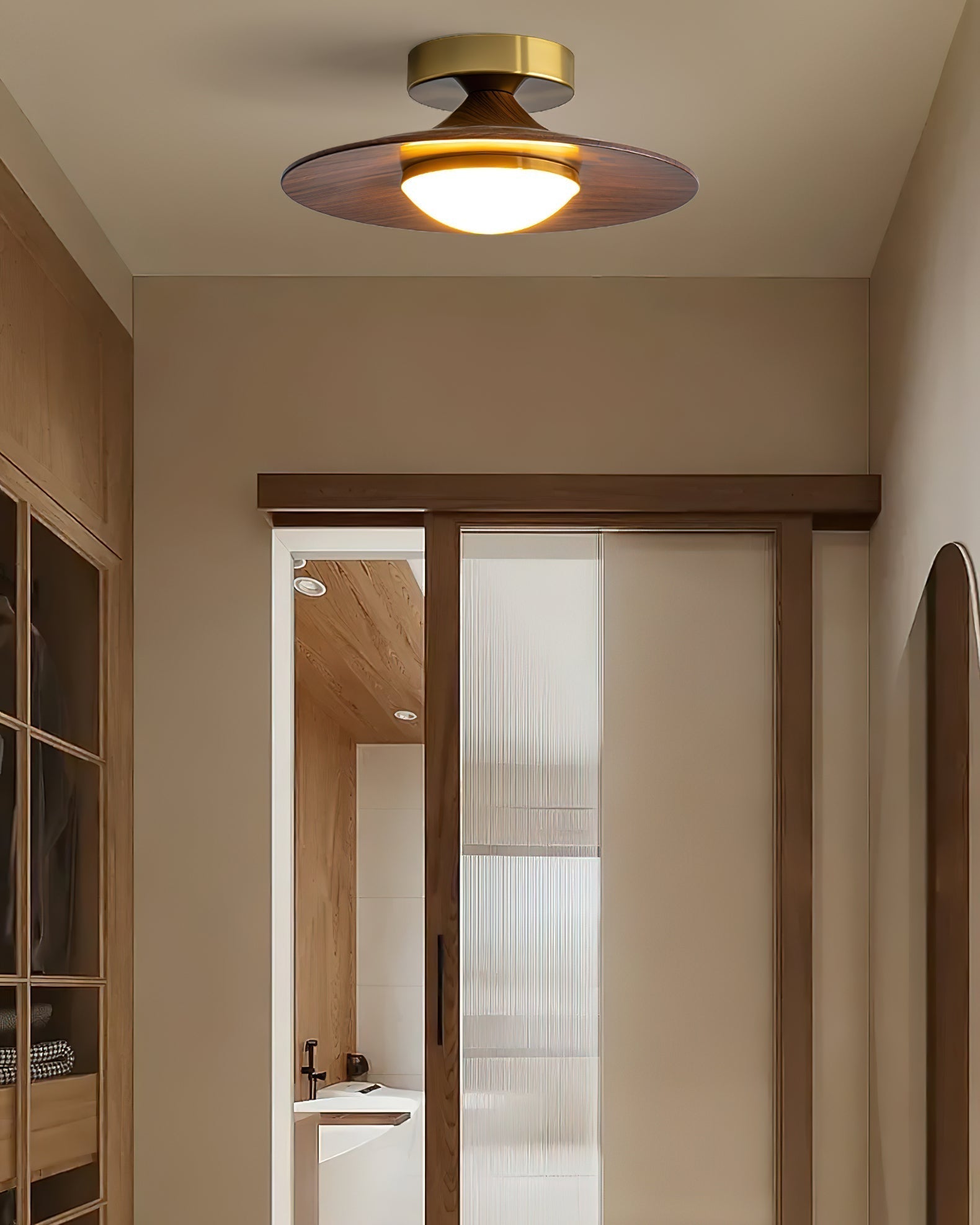 Round LED Ceiling Light — Wood-Look Finish, Gold Frame, 24cm
