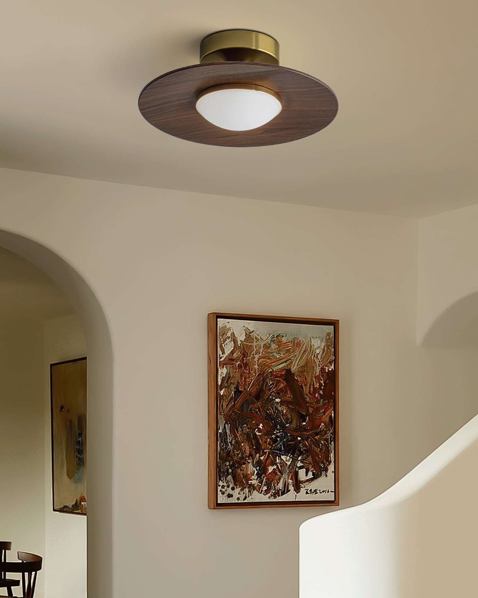 Round LED Ceiling Light — Wood-Look Finish, Gold Frame, 24cm