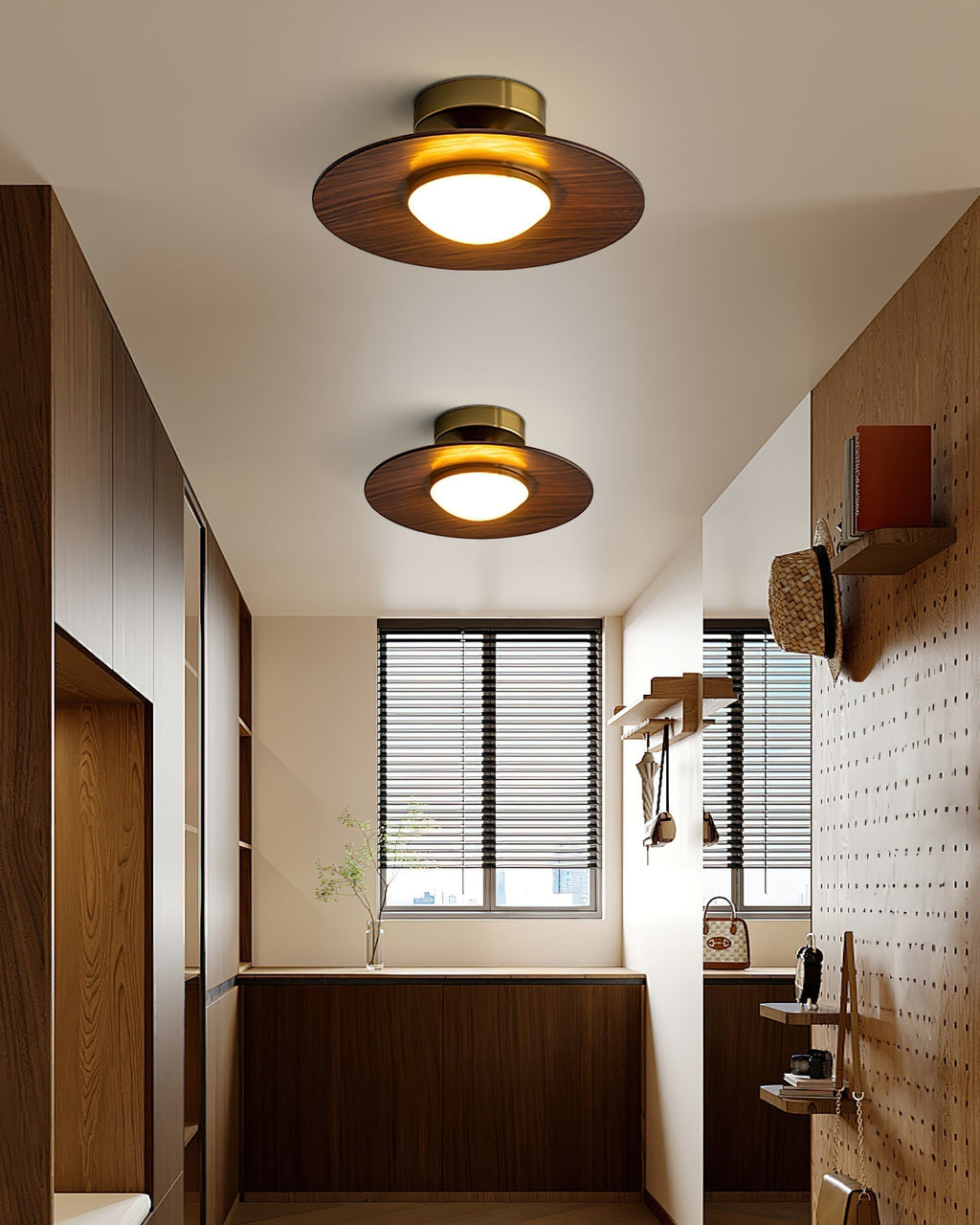 Round LED Ceiling Light — Wood-Look Finish, Gold Frame, 24cm