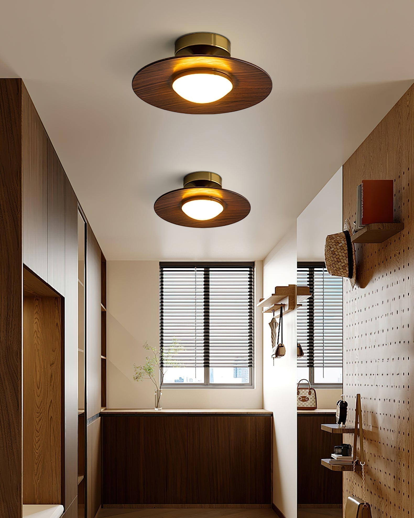 Round LED Ceiling Light — Wood-Look Finish, Gold Frame, 24cm